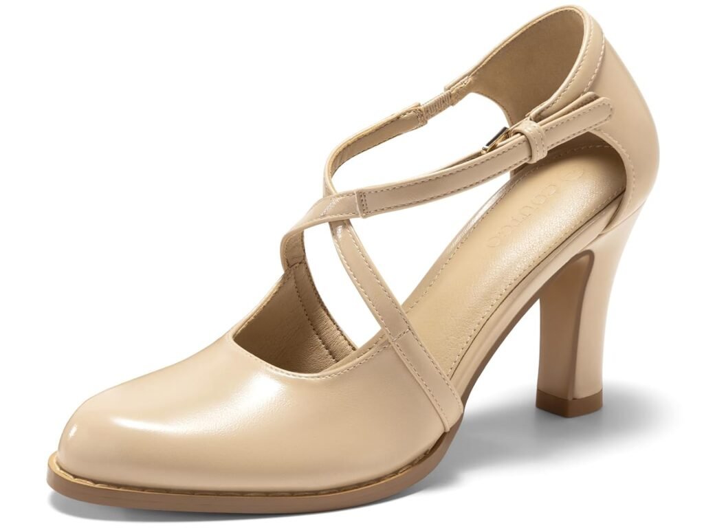 Coutgo Womens Chunky High Heels Dress Shoes Closed Pointed Toe Cross Strap Buckle Pumps Vintage DOrsay Party Shoes