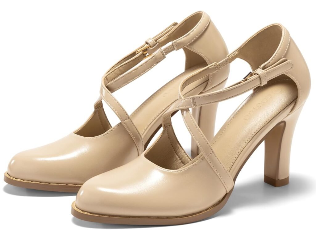 Coutgo Womens Chunky High Heels Dress Shoes Closed Pointed Toe Cross Strap Buckle Pumps Vintage DOrsay Party Shoes