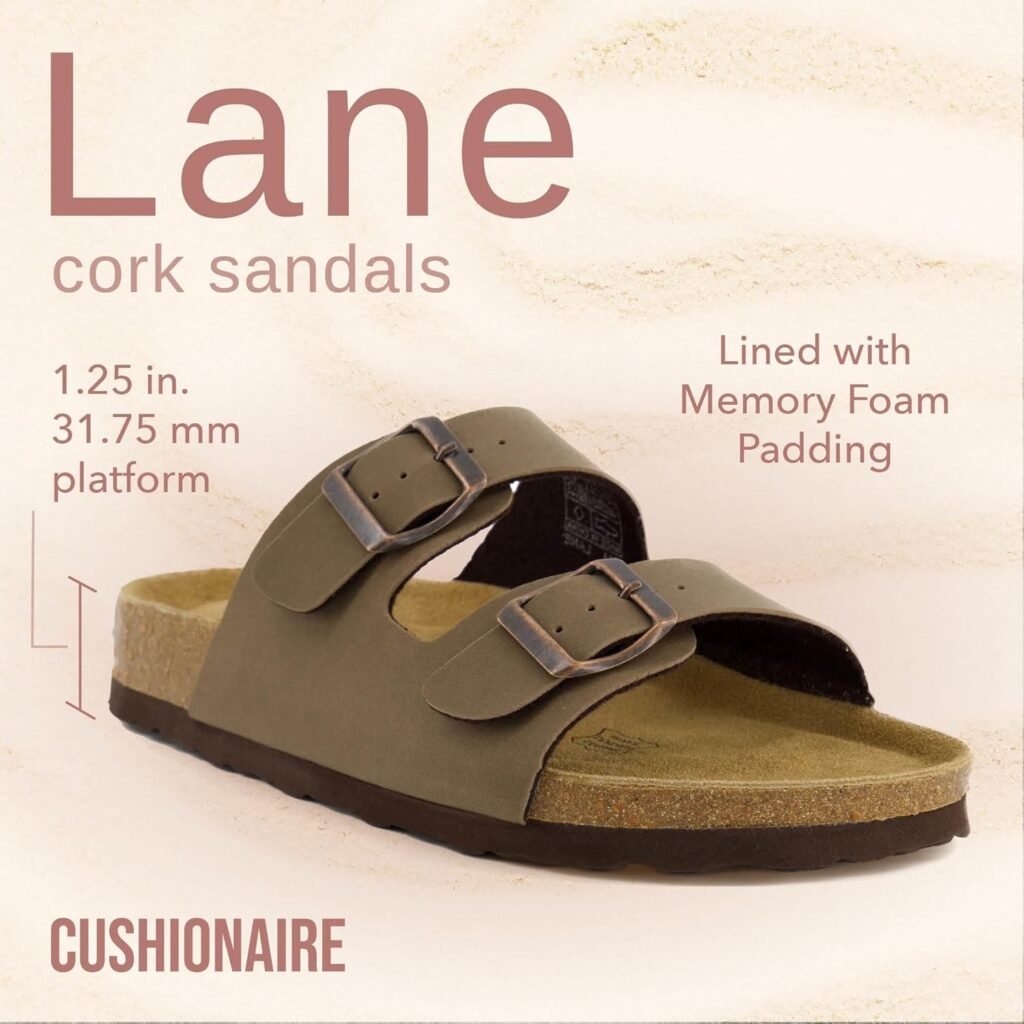 CUSHIONAIRE Lane Cork Footbed Sandals for Women – Comfortable Double Buckle Slip-On with Genuine Suede Footbed  Arch Support Slides for Women Footwear