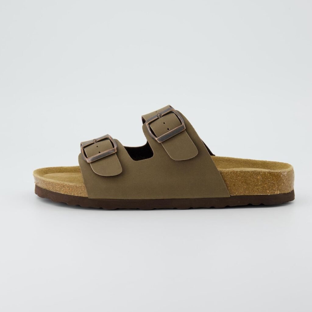 CUSHIONAIRE Lane Cork Footbed Sandals for Women – Comfortable Double Buckle Slip-On with Genuine Suede Footbed  Arch Support Slides for Women Footwear