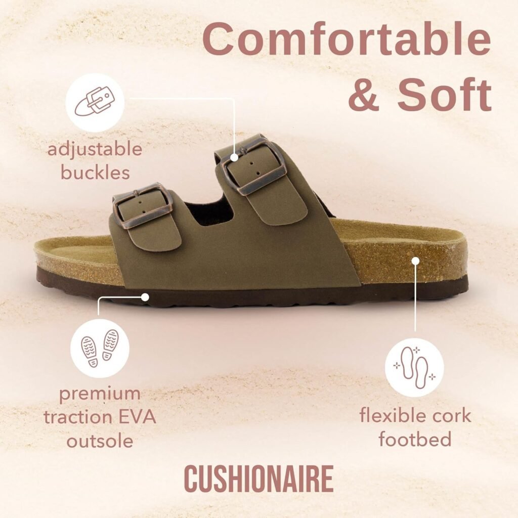 CUSHIONAIRE Lane Cork Footbed Sandals for Women – Comfortable Double Buckle Slip-On with Genuine Suede Footbed  Arch Support Slides for Women Footwear