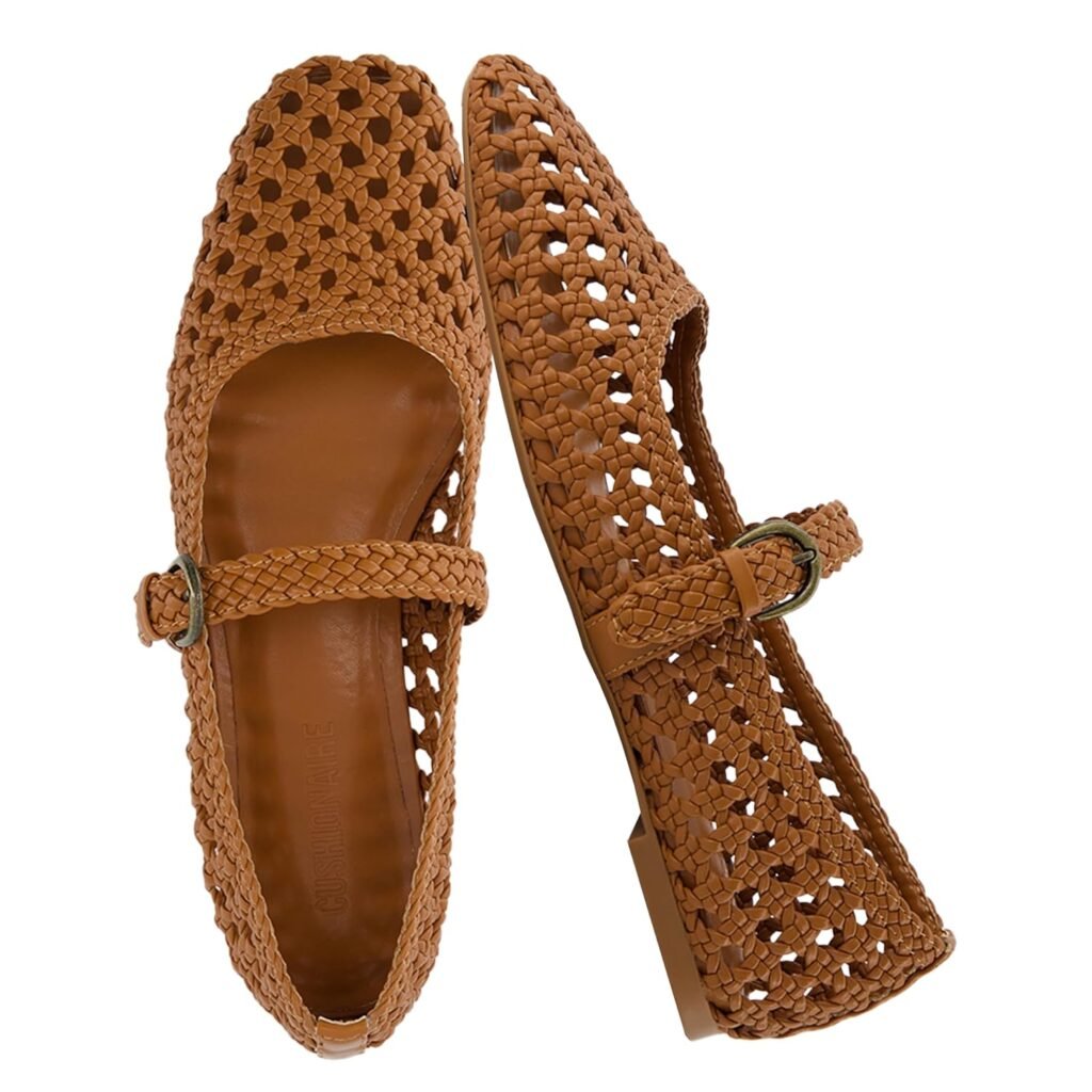 CUSHIONAIRE Weston Women’s Hand Woven Dressy Ballet Flats – Faux Leather Mary Jane with Adjustable Strap  Memory Foam