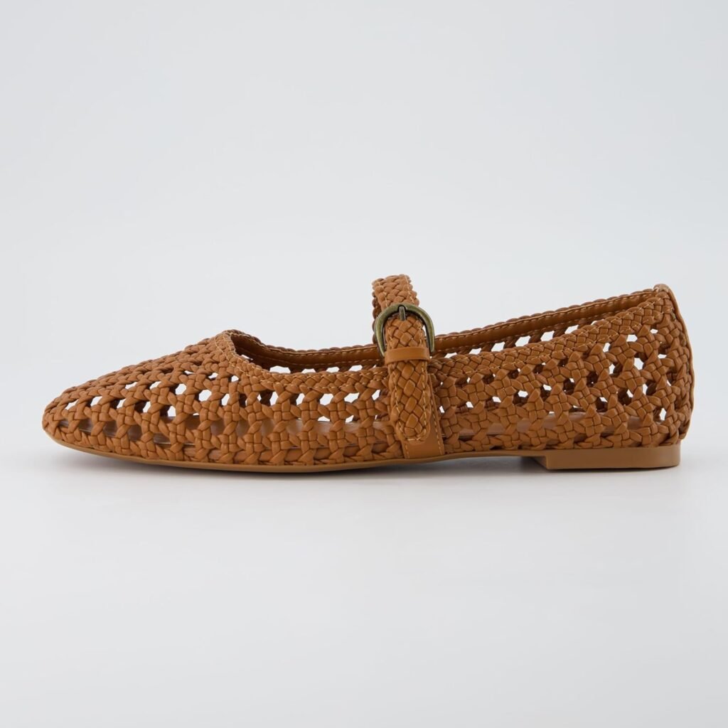 CUSHIONAIRE Weston Women’s Hand Woven Dressy Ballet Flats – Faux Leather Mary Jane with Adjustable Strap  Memory Foam