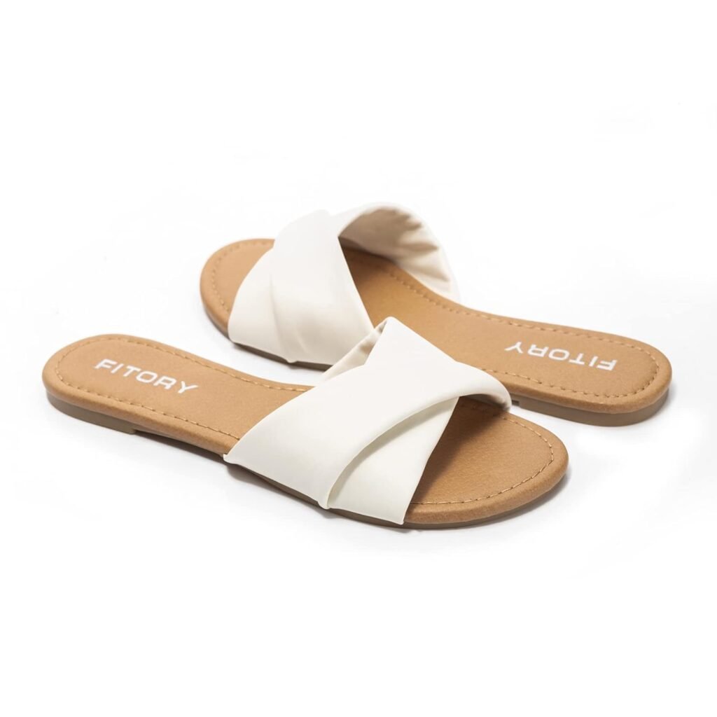 FITORY Womens Flat Sandals Fashion Slides With Soft Leather Slippers for Summer Size 6-11