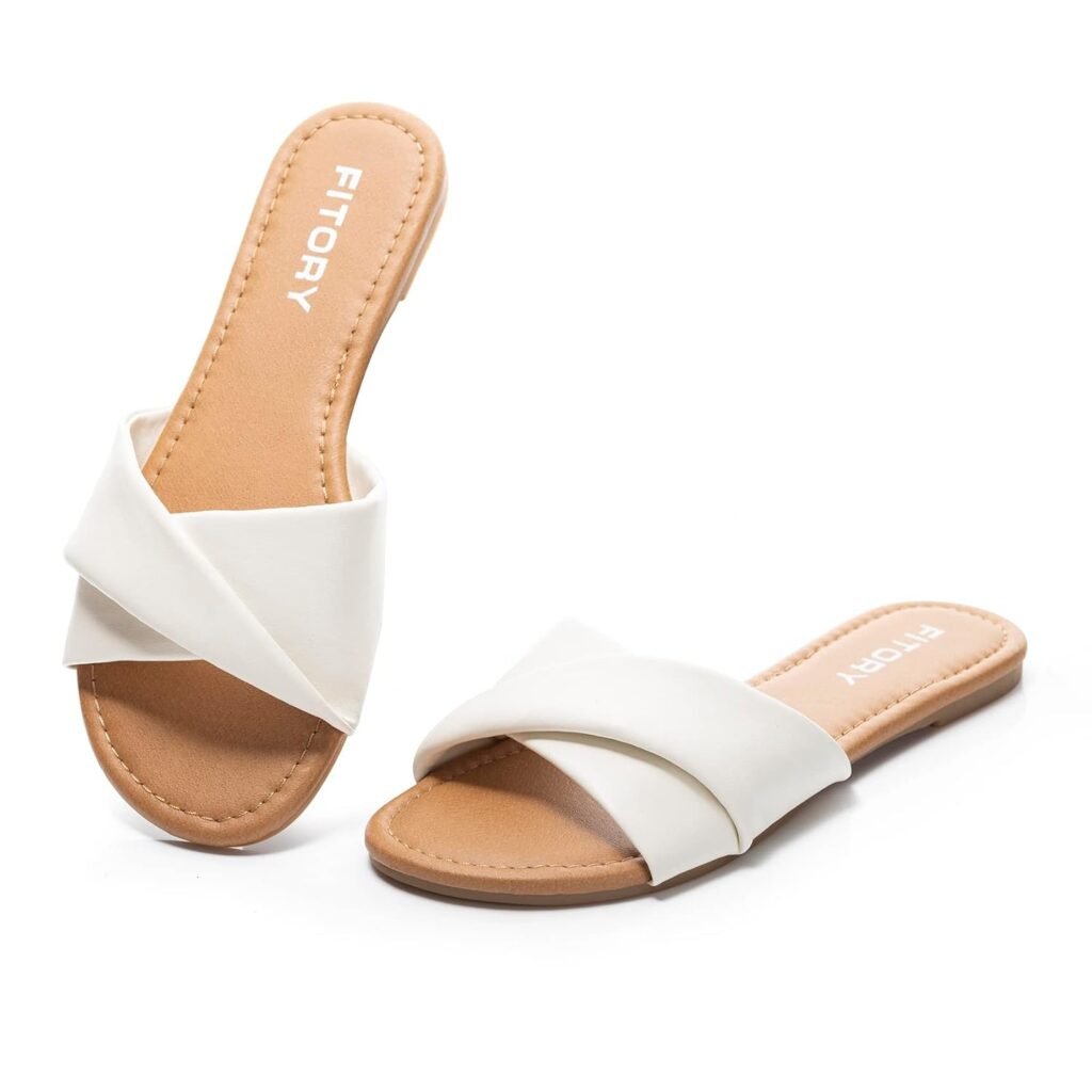 FITORY Womens Flat Sandals Fashion Slides With Soft Leather Slippers for Summer Size 6-11