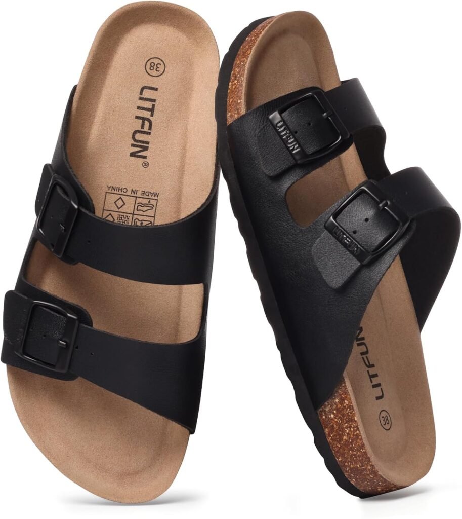 Litfun Womens Cork Footbed Sandal Summer Slip On Slide Sandals with Adjustable Buckle