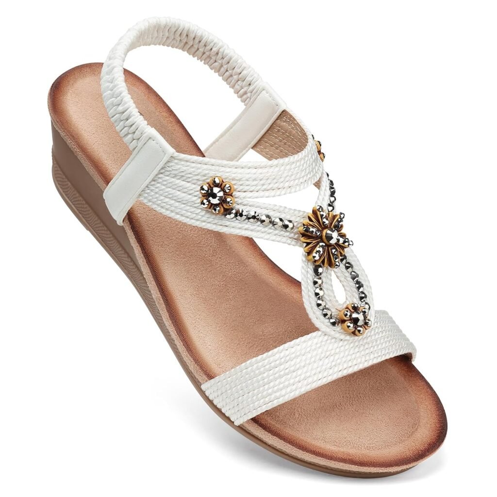 SHIBEVER Womens Wedge Sandals Flower Low Heel Dressy Sandals Elastic Ankle Strap Rhinestone Summer Comfortable Shoe
