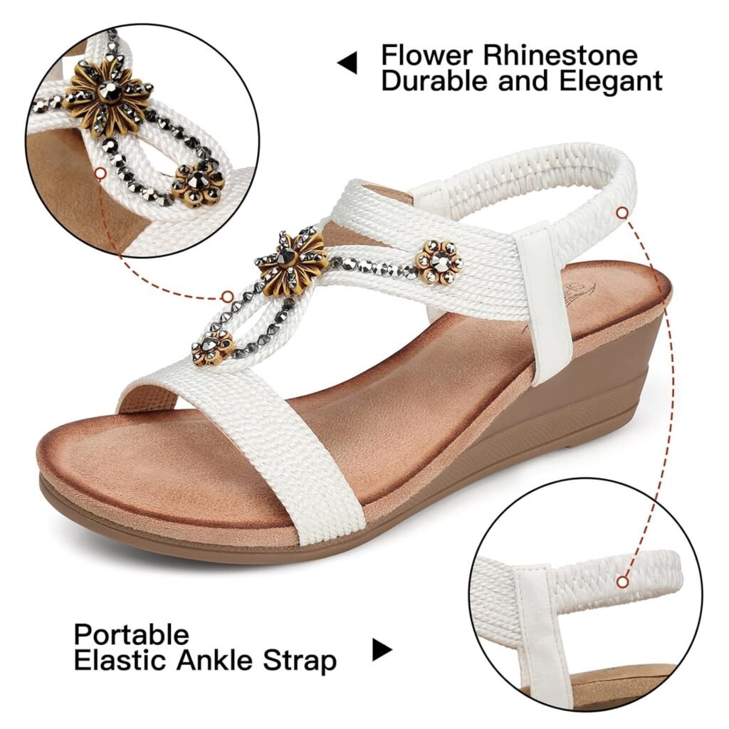 SHIBEVER Womens Wedge Sandals Flower Low Heel Dressy Sandals Elastic Ankle Strap Rhinestone Summer Comfortable Shoe