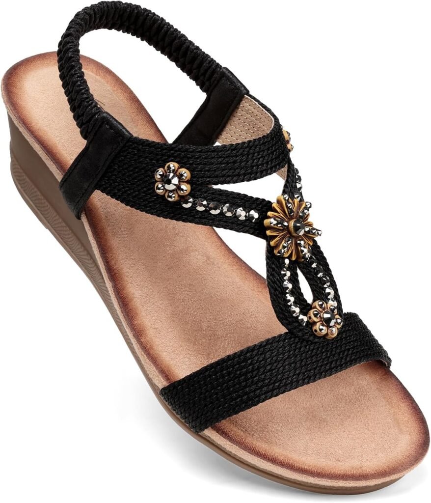 SHIBEVER Womens Wedge Sandals Flower Low Heel Dressy Sandals Elastic Ankle Strap Rhinestone Summer Comfortable Shoe