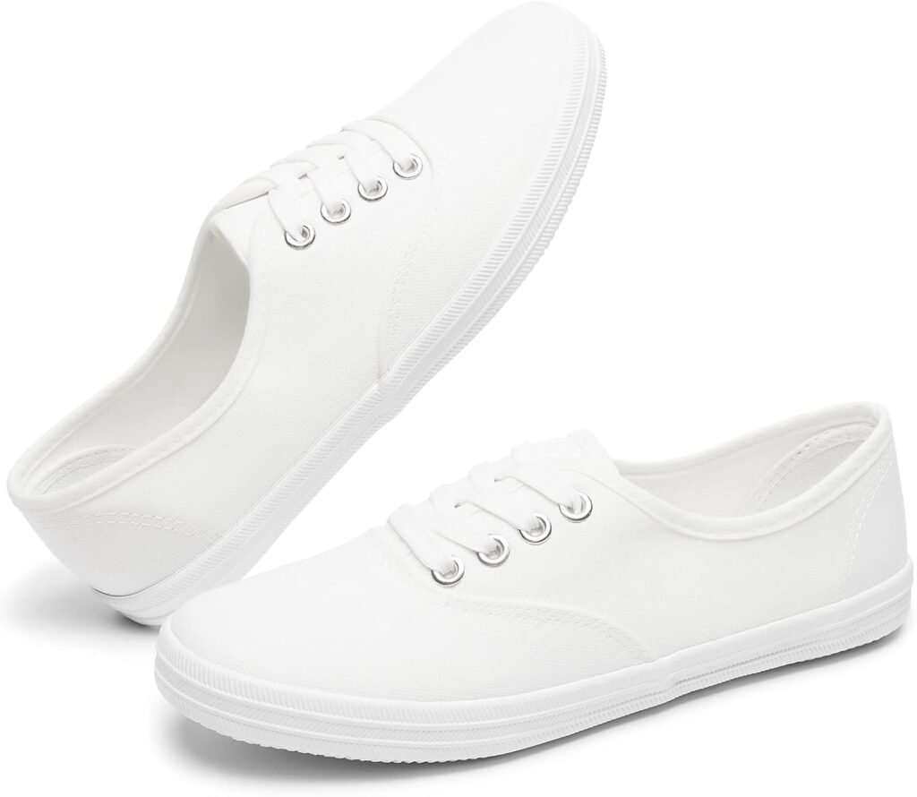 TUOPIN Womens White Canvas Sneakers Low Top Lace-up Canvas Shoes Lightweight Casual Tennis Shoes